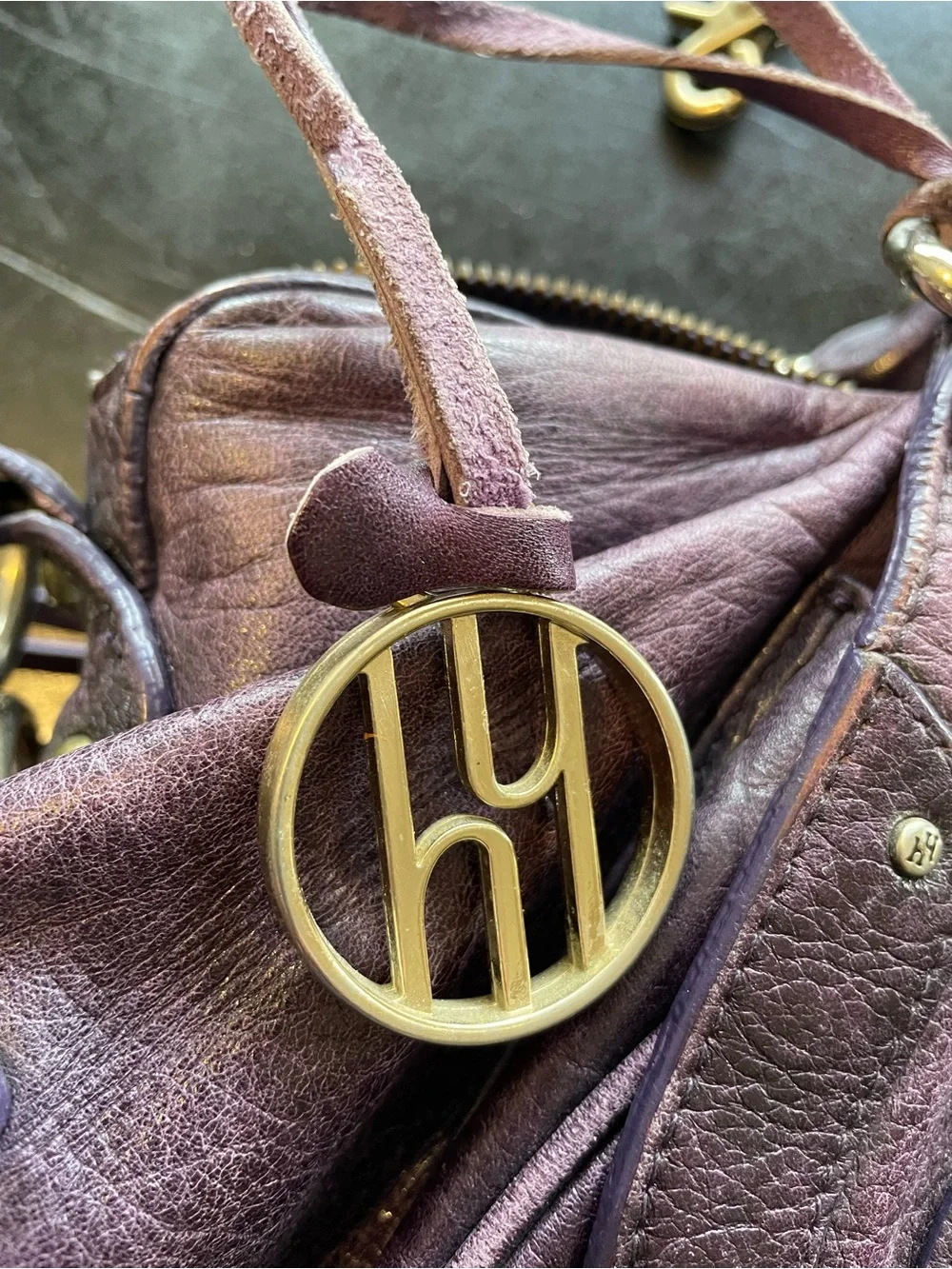 Plum Leather Satchel with Brass Accent Hardware